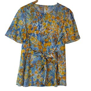 J.McLaughlin Womens Size Large Blue Yellow Floral Linen Blend Tie Waist Blouse